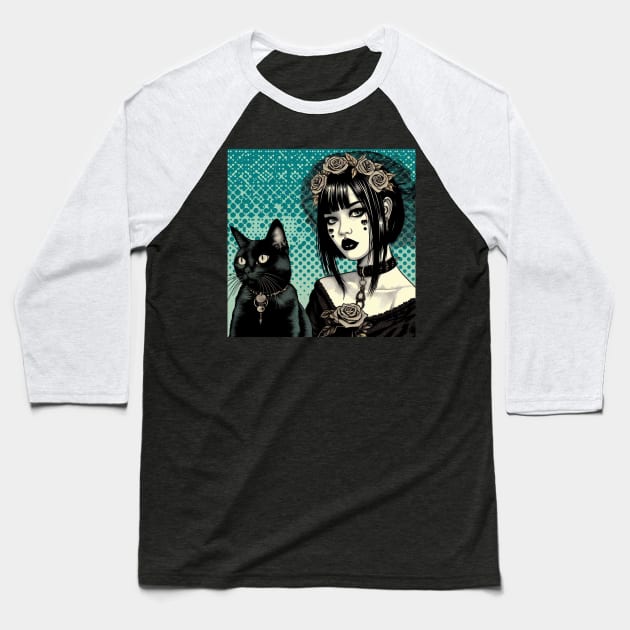 Gothic girl and her cat Baseball T-Shirt by Goth_ink